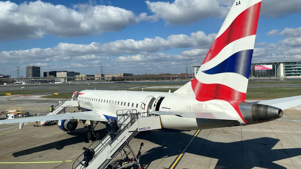 British Airways Embraer 190 parked on the apron at London City Airport