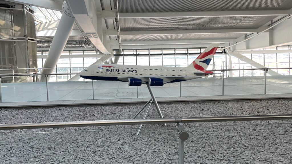oneworld Airline, British Airways A380 model aircraft at their London Heathrow Terminal 5 Airport Hub.