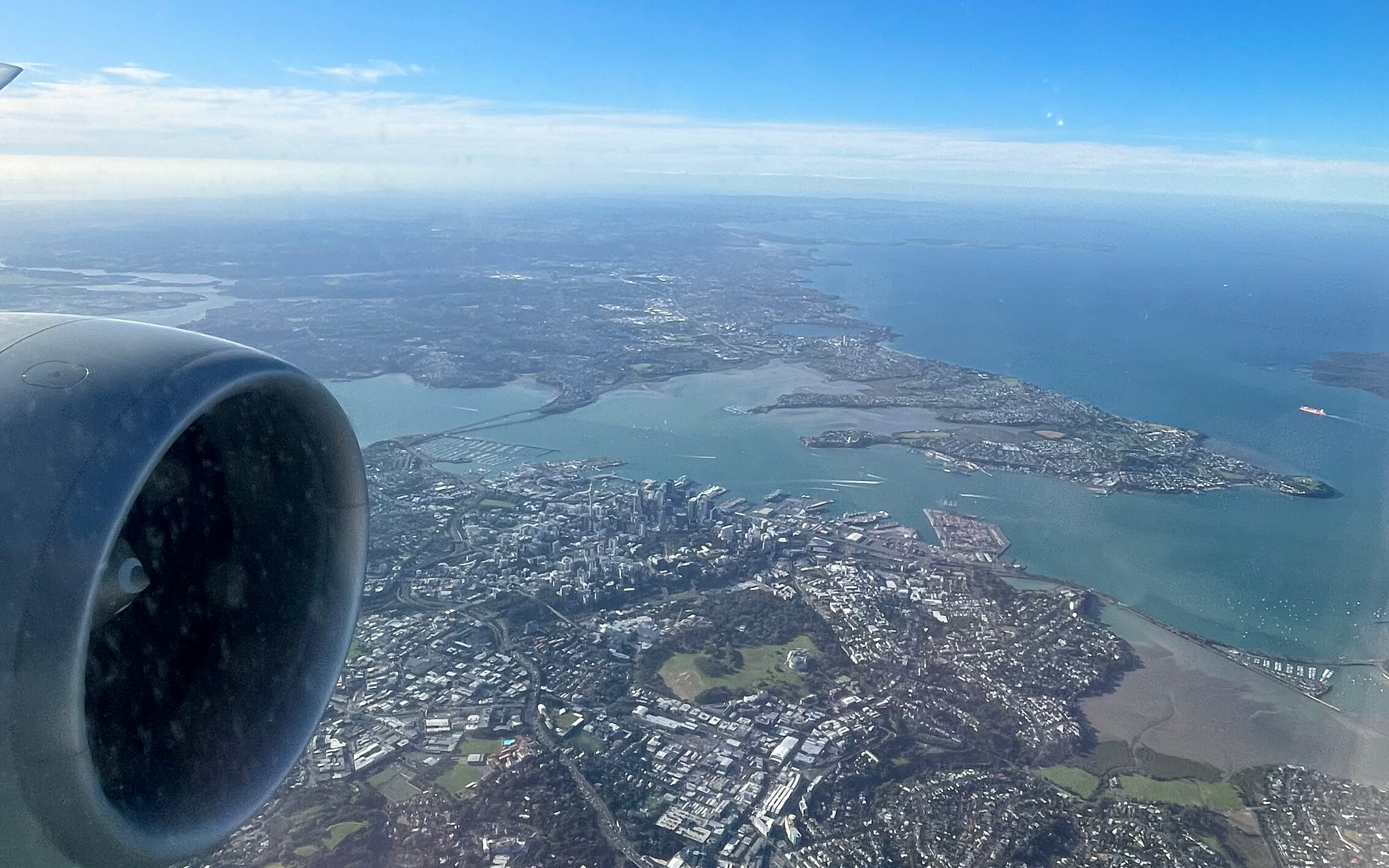 View of Auckland CBD from an Airplane on approach into Auckland Airport.