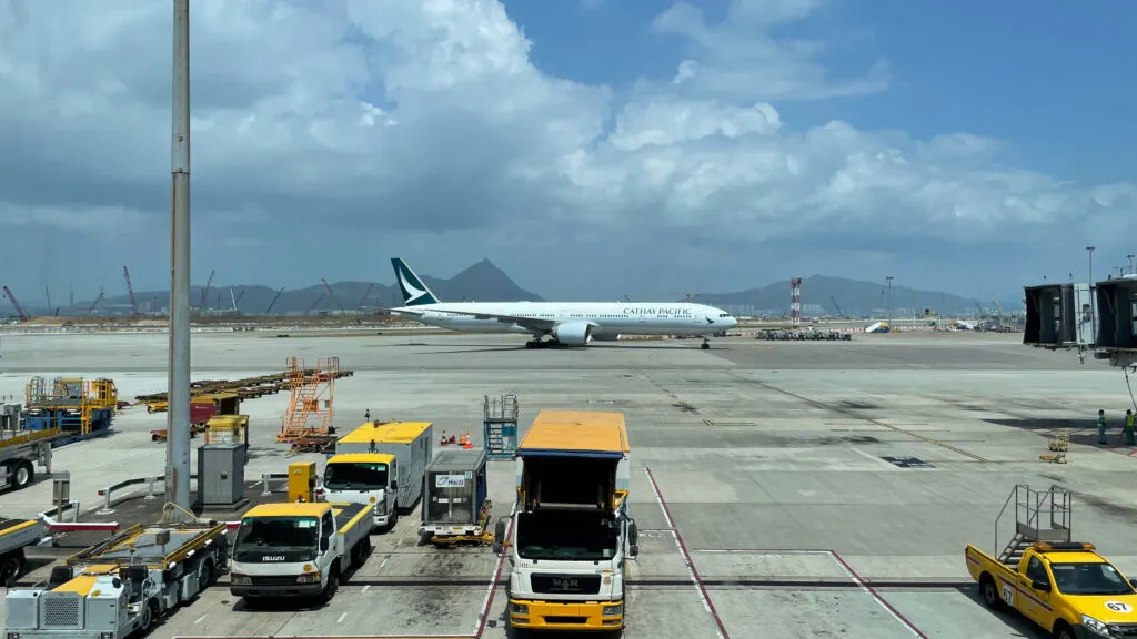 Cathay Pacific airplane taxiing at Hong Kong International Airport