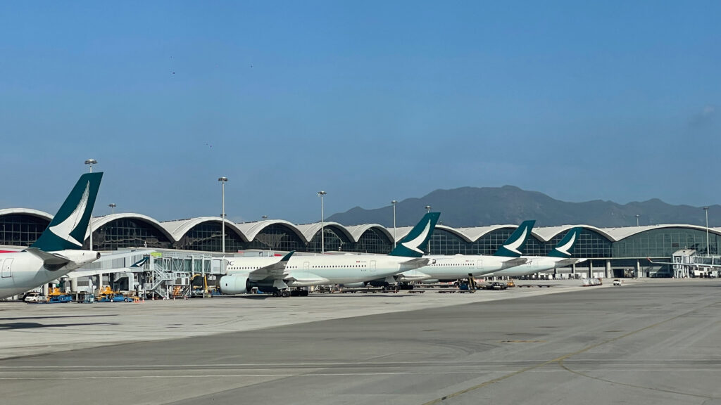 Cathay Pacific Tailfins lined up at Hong Kong International Airport