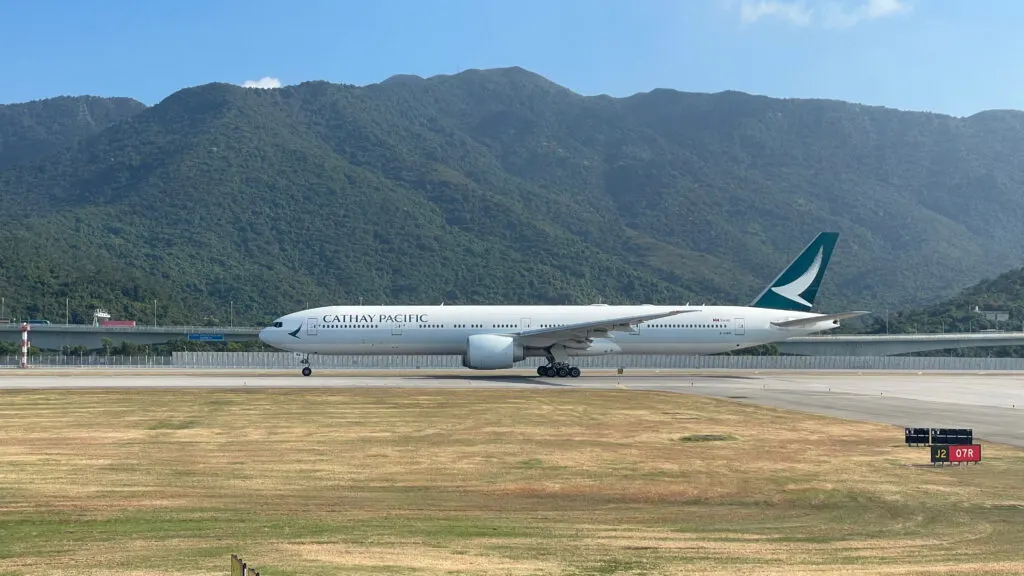Cathay Pacific 777 waiting for takeoff at Hong Kong International Airport