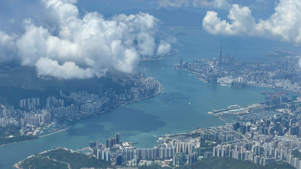 Hong Kong Victoria Harbour and Kowloon. View from aircraft