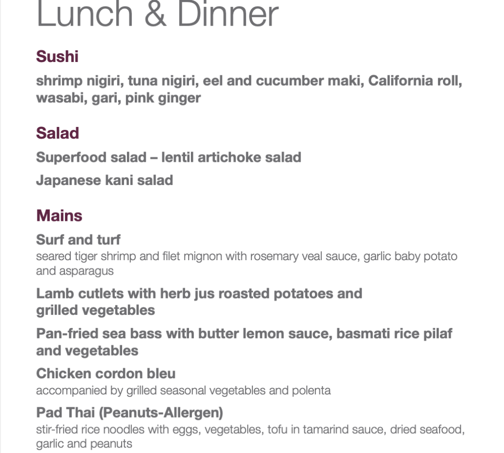 Qatar Airways Bangkok Lounge Lunch/Dinner Menu